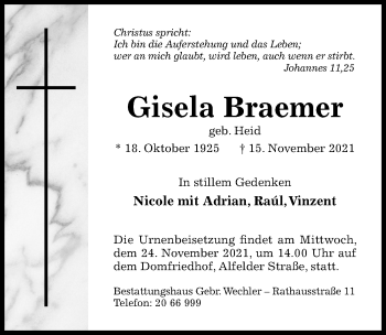 Traueranzeige von Gisela Braemer von Hildesheimer Allgemeine Zeitung
