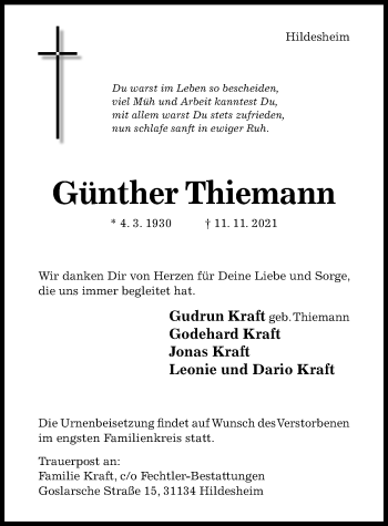 Traueranzeige von Günther Thiemann von Hildesheimer Allgemeine Zeitung