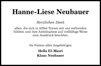 Traueranzeige von Hanne-Liese Neubauer von Hildesheimer Allgemeine Zeitung