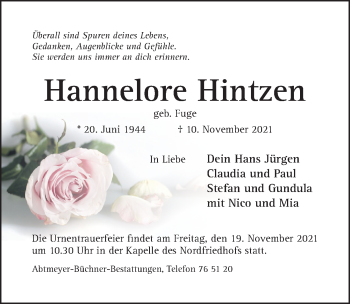 Traueranzeige von Hannelore Hintzen von Hildesheimer Allgemeine Zeitung