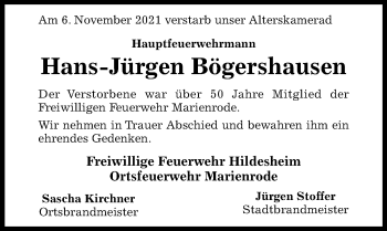 Traueranzeige von Hans-Jürgen Bögershausen von Hildesheimer Allgemeine Zeitung
