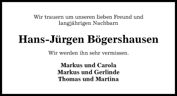 Traueranzeige von Hans-Jürgen Bögershausen von Hildesheimer Allgemeine Zeitung