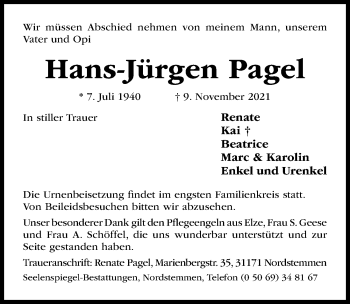 Traueranzeige von Hans-Jürgen Pagel von Hildesheimer Allgemeine Zeitung