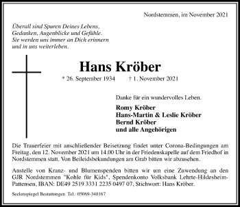 Traueranzeige von Hans Kröber von Hildesheimer Allgemeine Zeitung