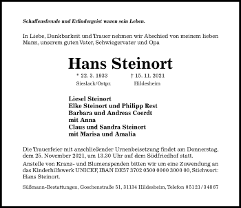 Traueranzeige von Hans Steinort von Hildesheimer Allgemeine Zeitung