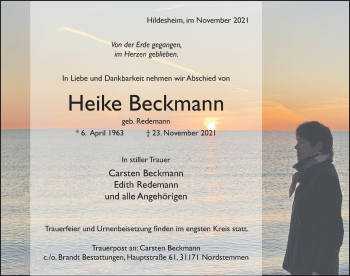 Traueranzeige von Heike Beckmann von Hildesheimer Allgemeine Zeitung