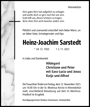 Traueranzeige von Heinz-Joachim Sarstedt von Hildesheimer Allgemeine Zeitung