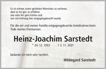 Traueranzeige von Heinz-Joachim Sarstedt von Hildesheimer Allgemeine Zeitung
