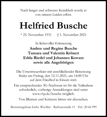 Traueranzeige von Helfried Busche von Hildesheimer Allgemeine Zeitung