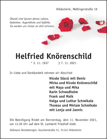 Traueranzeige von Helfried Knörenschild von Hildesheimer Allgemeine Zeitung