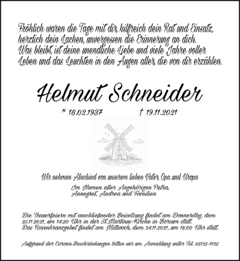 Traueranzeige von Helmut Schneider von Hildesheimer Allgemeine Zeitung