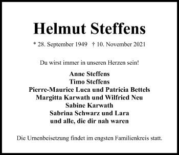 Traueranzeige von Helmut Steffens von Hildesheimer Allgemeine Zeitung