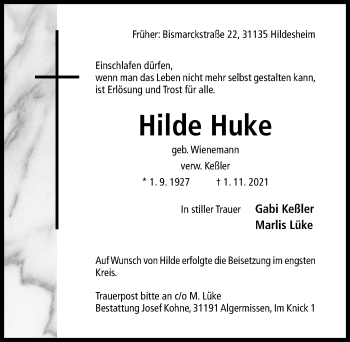 Traueranzeige von Hilde Huke von Hildesheimer Allgemeine Zeitung