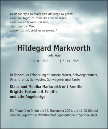 Traueranzeige von Hildegard Markworth von Hildesheimer Allgemeine Zeitung
