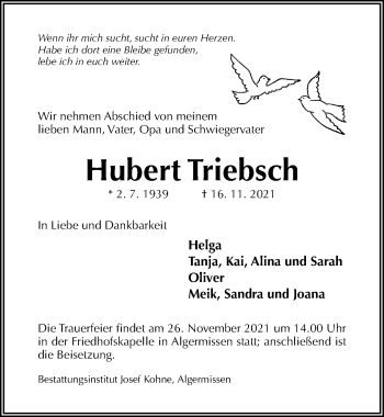 Traueranzeige von Hubert Triebsch von Hildesheimer Allgemeine Zeitung