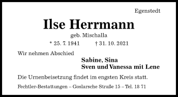 Traueranzeige von Ilse Herrmann von Hildesheimer Allgemeine Zeitung