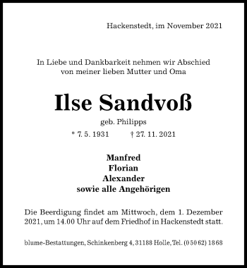 Traueranzeige von Ilse Sandvoß von Hildesheimer Allgemeine Zeitung