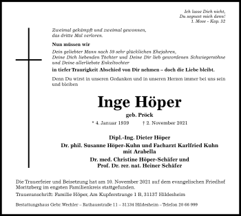 Traueranzeige von Inge Höper von Hildesheimer Allgemeine Zeitung