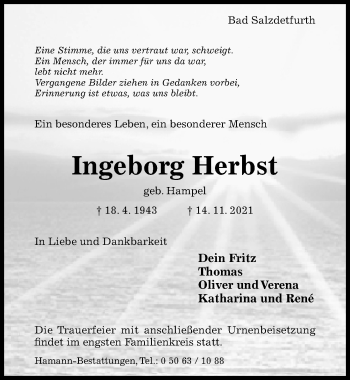 Traueranzeige von Ingeborg Herbst von Hildesheimer Allgemeine Zeitung