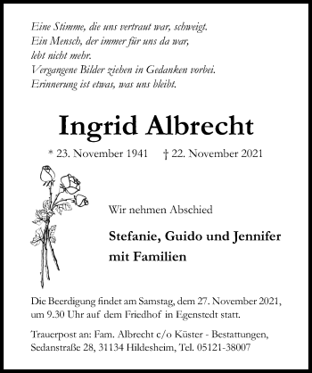 Traueranzeige von Ingrid Albrecht von Hildesheimer Allgemeine Zeitung