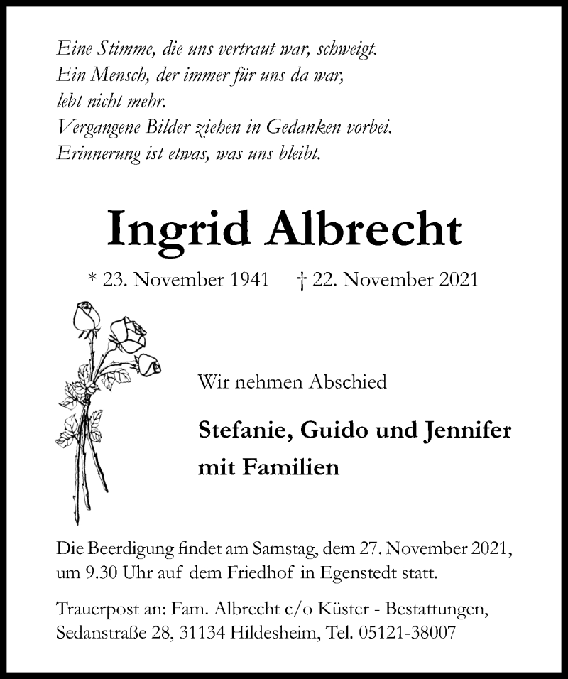  Traueranzeige für Ingrid Albrecht vom 24.11.2021 aus Hildesheimer Allgemeine Zeitung