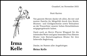 Traueranzeige von Irma Kelle von Hildesheimer Allgemeine Zeitung