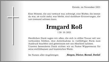 Traueranzeige von Irmgard Roß von Hildesheimer Allgemeine Zeitung