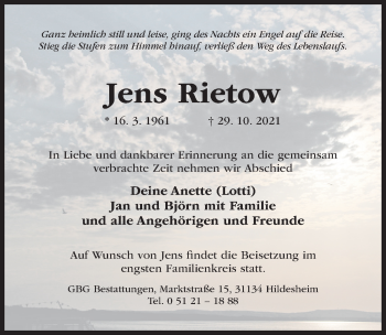 Traueranzeige von Jens Rietow von Hildesheimer Allgemeine Zeitung