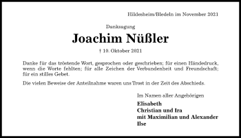 Traueranzeige von Joachim Nüßler von Hildesheimer Allgemeine Zeitung