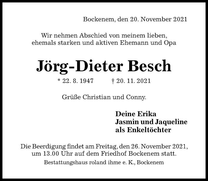  Traueranzeige für Jörg-Dieter Besch vom 24.11.2021 aus Hildesheimer Allgemeine Zeitung