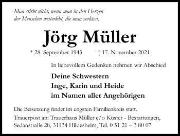 Traueranzeige von Jörg Müller von Hildesheimer Allgemeine Zeitung