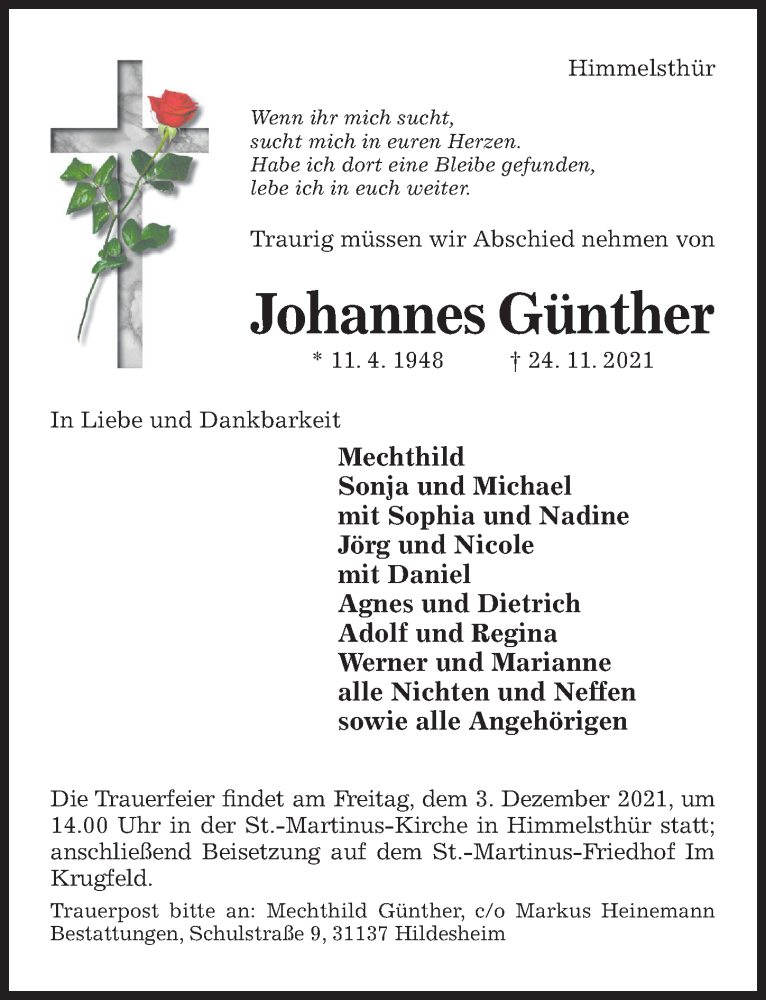  Traueranzeige für Johannes Günther vom 30.11.2021 aus Hildesheimer Allgemeine Zeitung
