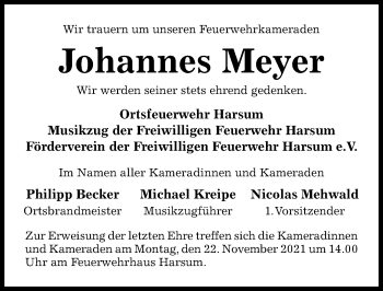 Traueranzeige von Johannes Meyer von Hildesheimer Allgemeine Zeitung