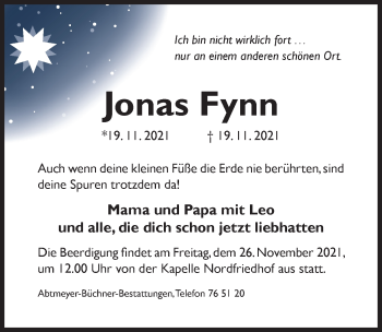 Traueranzeige von Jonas Fynn  von Hildesheimer Allgemeine Zeitung