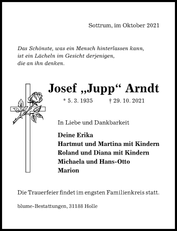 Traueranzeige von Josef Arndt von Hildesheimer Allgemeine Zeitung