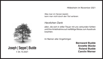 Traueranzeige von Joseph Budde von Hildesheimer Allgemeine Zeitung