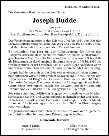 Traueranzeige von Joseph Budde von Hildesheimer Allgemeine Zeitung