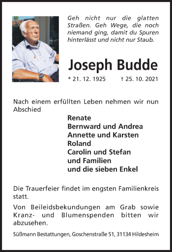 Traueranzeige von Joseph Budde von Hildesheimer Allgemeine Zeitung