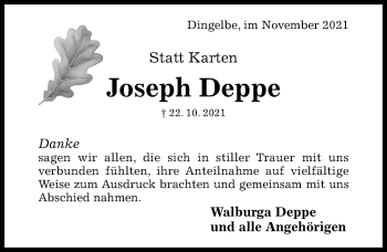 Traueranzeige von Joseph Deppe von Hildesheimer Allgemeine Zeitung