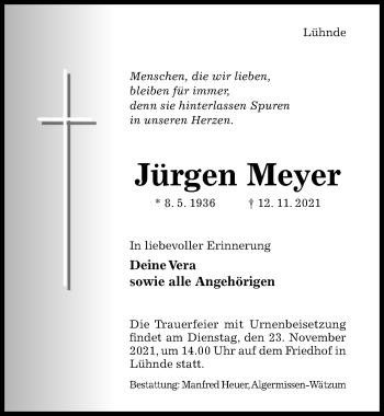 Traueranzeige von Jürgen Meyer von Hildesheimer Allgemeine Zeitung