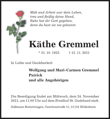 Traueranzeige von Käthe Gremmel von Hildesheimer Allgemeine Zeitung