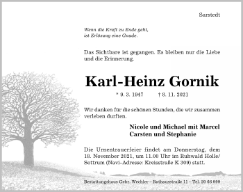Traueranzeige von Karl-Heinz Gornik von Hildesheimer Allgemeine Zeitung