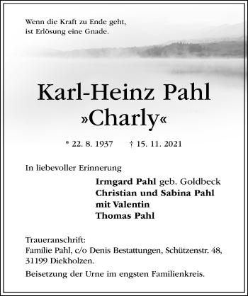 Traueranzeige von Karl-Heinz Pahl von Hildesheimer Allgemeine Zeitung