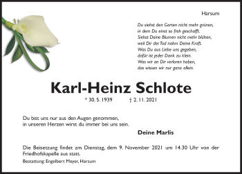Traueranzeige von Karl-Heinz Schlote von Hildesheimer Allgemeine Zeitung