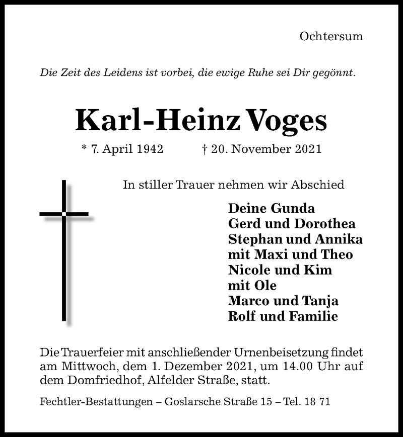  Traueranzeige für Karl-Heinz Voges vom 24.11.2021 aus Hildesheimer Allgemeine Zeitung