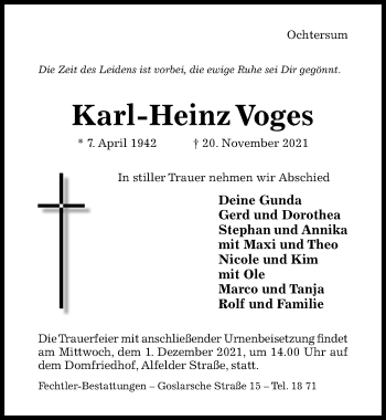 Traueranzeige von Karl-Heinz Voges von Hildesheimer Allgemeine Zeitung