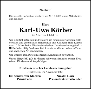 Traueranzeige von Karl-Uwe Körber von Hildesheimer Allgemeine Zeitung