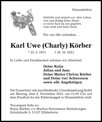 Traueranzeige von Karl Uwe  Körber von Hildesheimer Allgemeine Zeitung