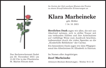 Traueranzeige von Klara Marheineke von Hildesheimer Allgemeine Zeitung