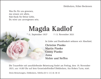 Traueranzeige von Magda Kadlof von Hildesheimer Allgemeine Zeitung